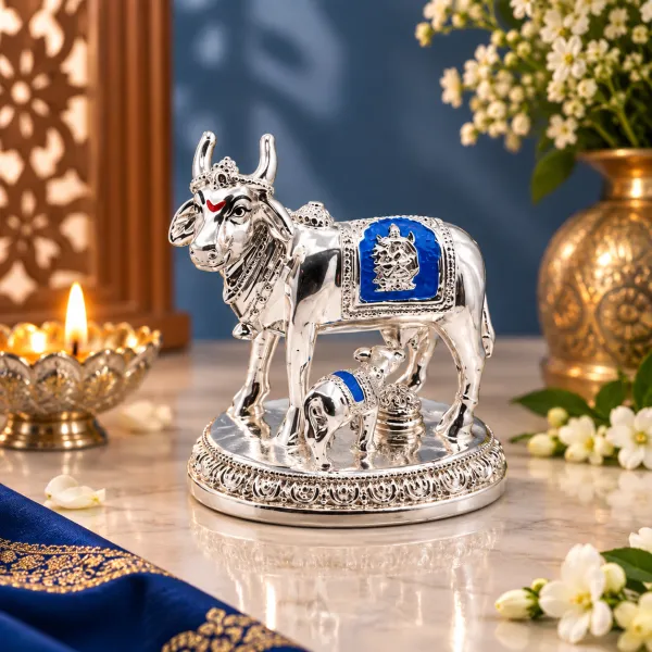 Round Base Cow And Calf Silver (4Inch)